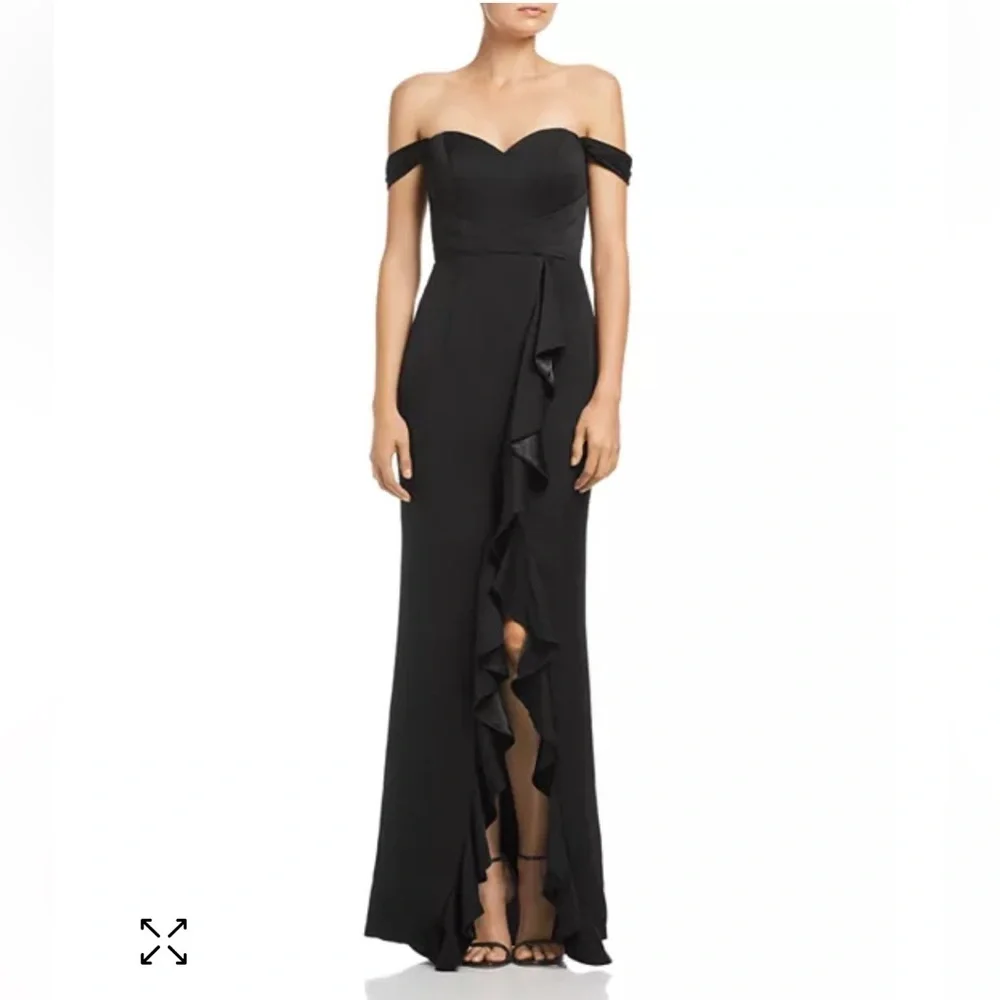 Bariano Edie Gown Size Medium Black Ruffle Front Off The Shoulders $298 NWT - Picture 1 of 8